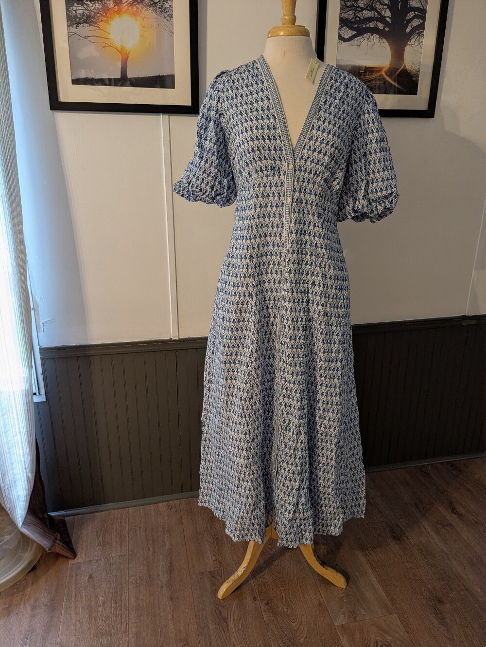 Women's Blue and White V-Neck Button Front Maxi Dress